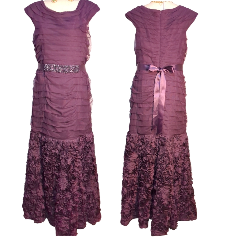 Evening Maxi Dress with Rosette Skirt in Plum